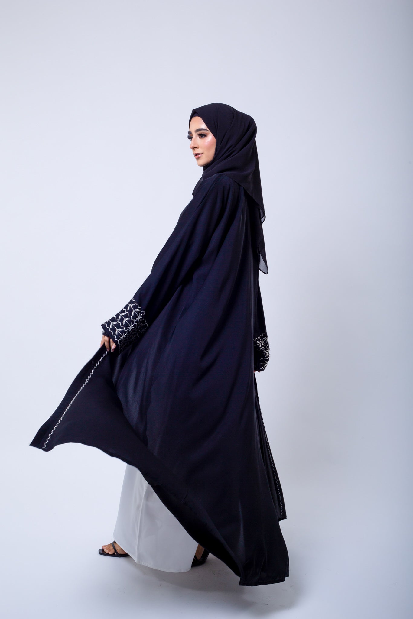 Black Open Abaya with Silver Embellishment
