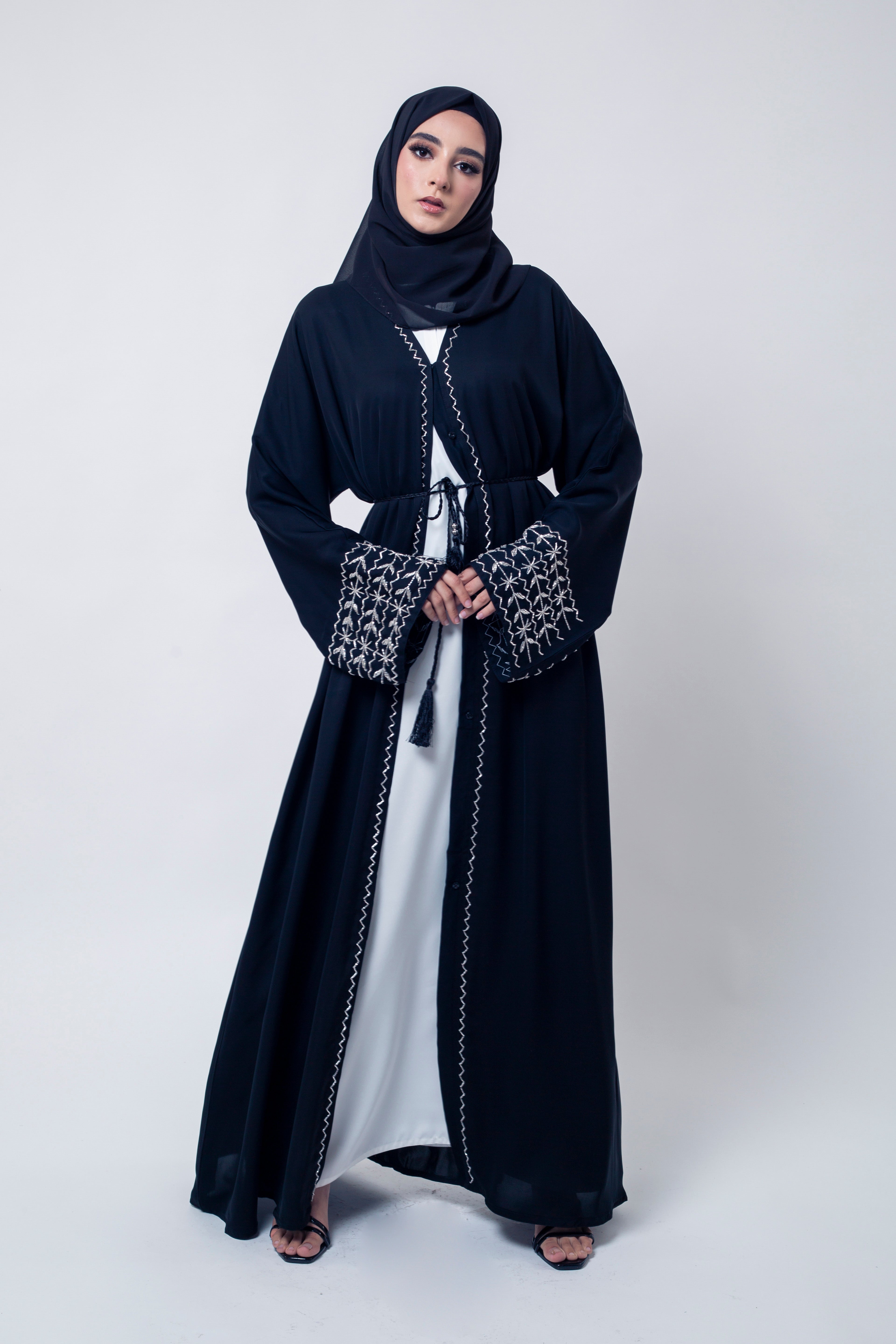 Black Open Abaya with Silver Embellishment