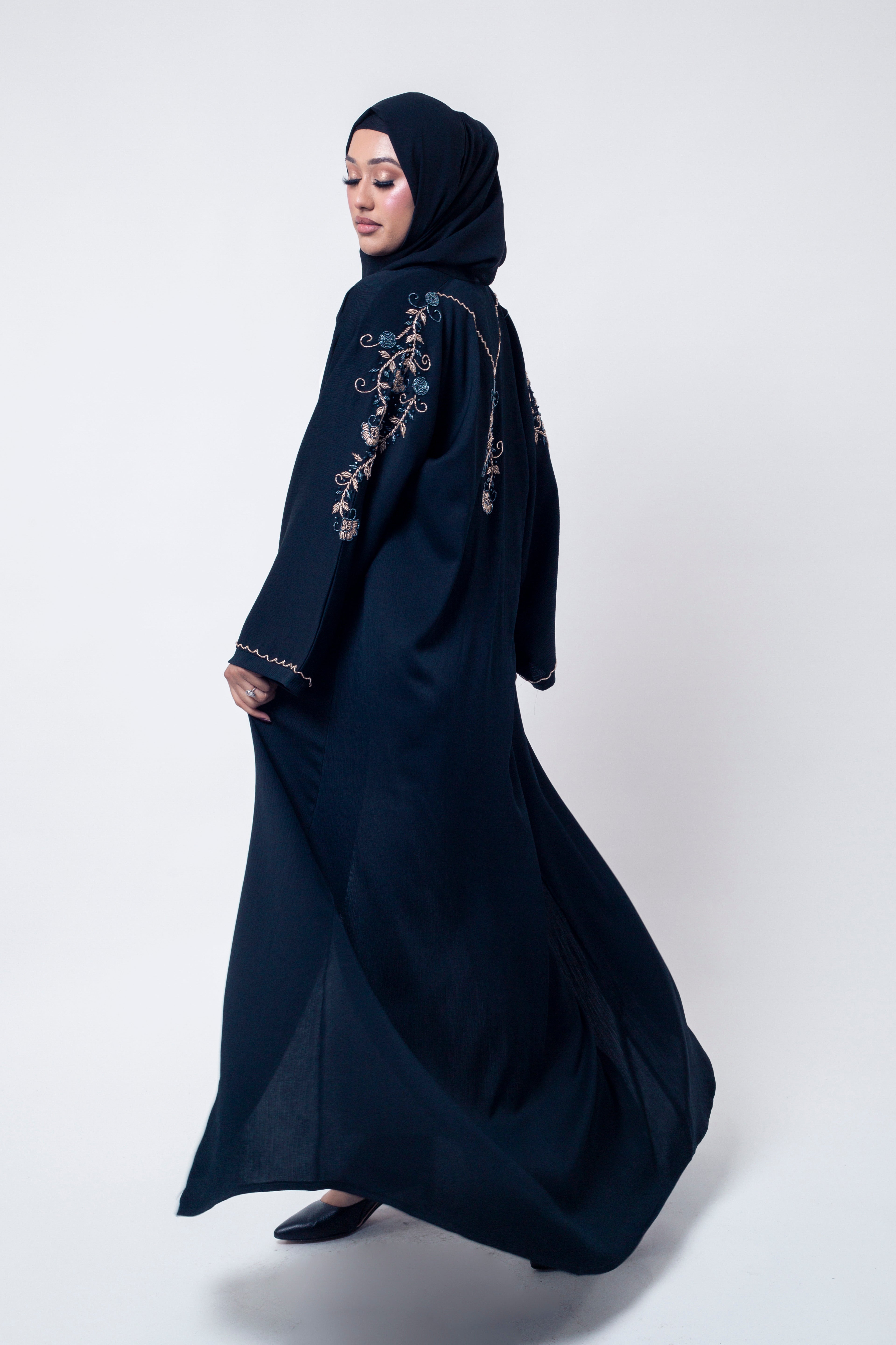 Premium Black Abaya With Blue And Gold Handwork