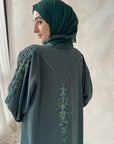 Premium Pine Green Hand Embellished Open Abaya With Green Back