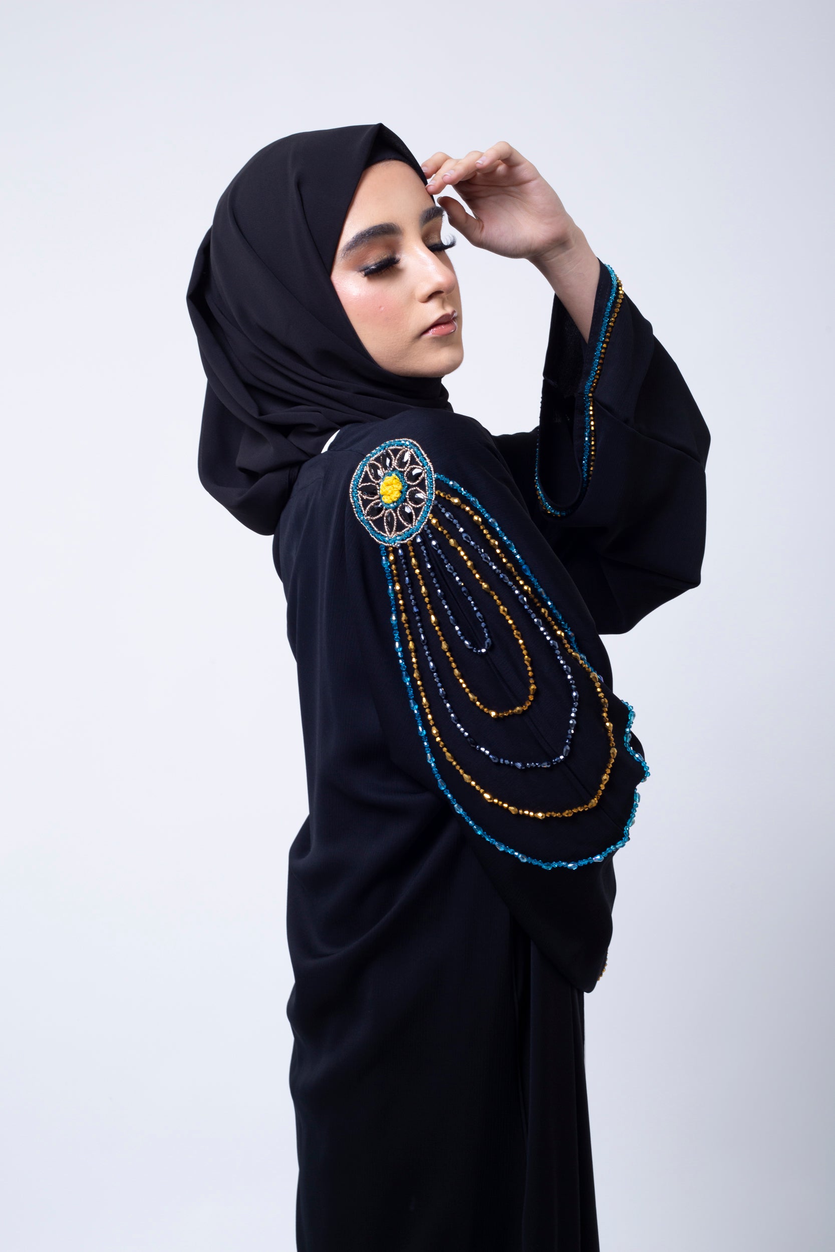 Luxury Black Shoulder Embellishment Open Abaya