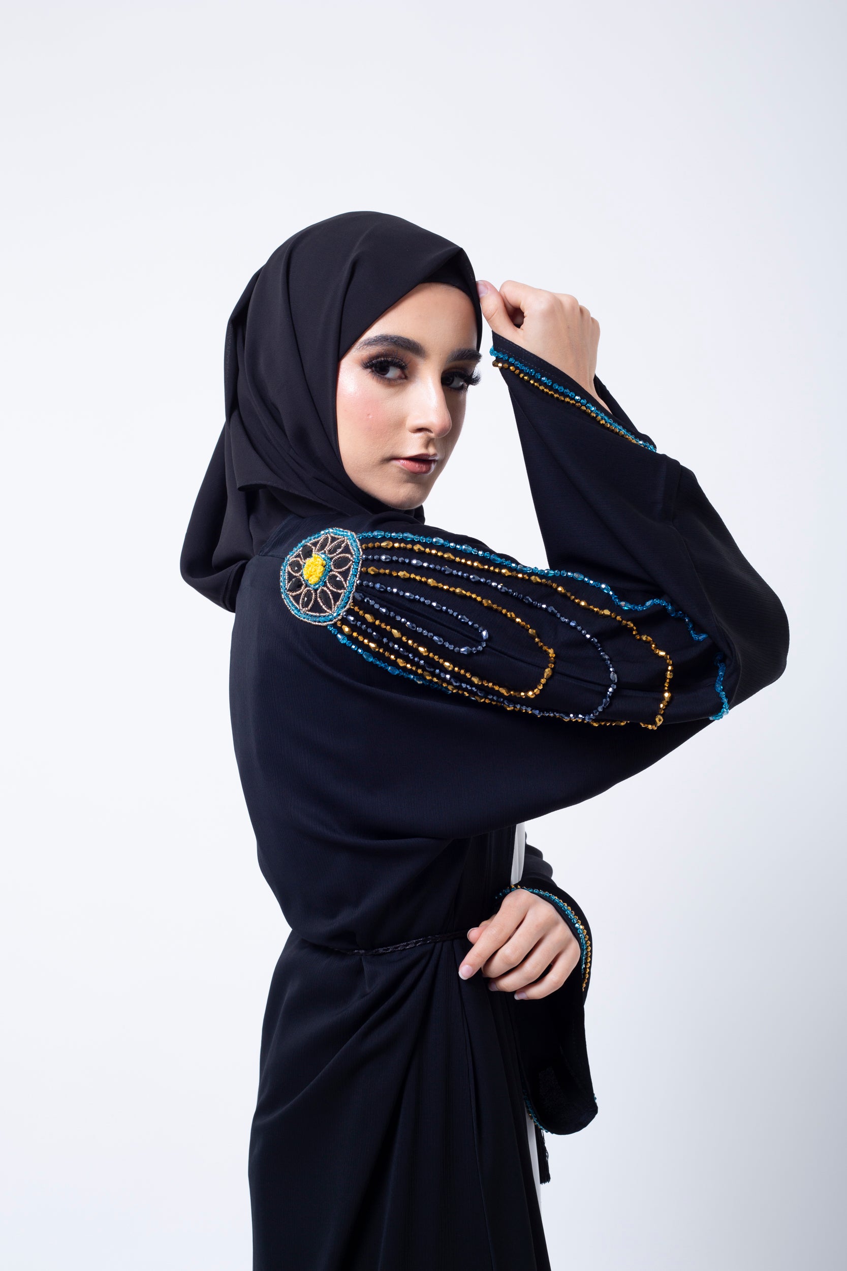 Luxury Black Shoulder Embellishment Open Abaya