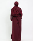 Maroon Floral Embellished Open Abaya