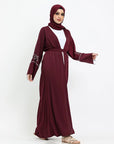 Maroon Floral Embellished Open Abaya