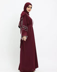 Maroon Floral Embellished Open Abaya