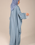Powder Blue Closed Butterfly Satin Abaya With Feathers