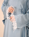Powder Blue Closed Butterfly Satin Abaya With Feathers
