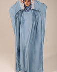 Powder Blue Closed Butterfly Satin Abaya With Feathers