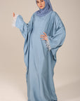 Powder Blue Closed Butterfly Satin Abaya With Feathers