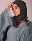 Sage Green Closed Butterfly Satin Abaya With Feathers