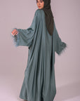 Sage Green Closed Butterfly Satin Abaya With Feathers