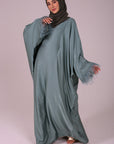 Sage Green Closed Butterfly Satin Abaya With Feathers