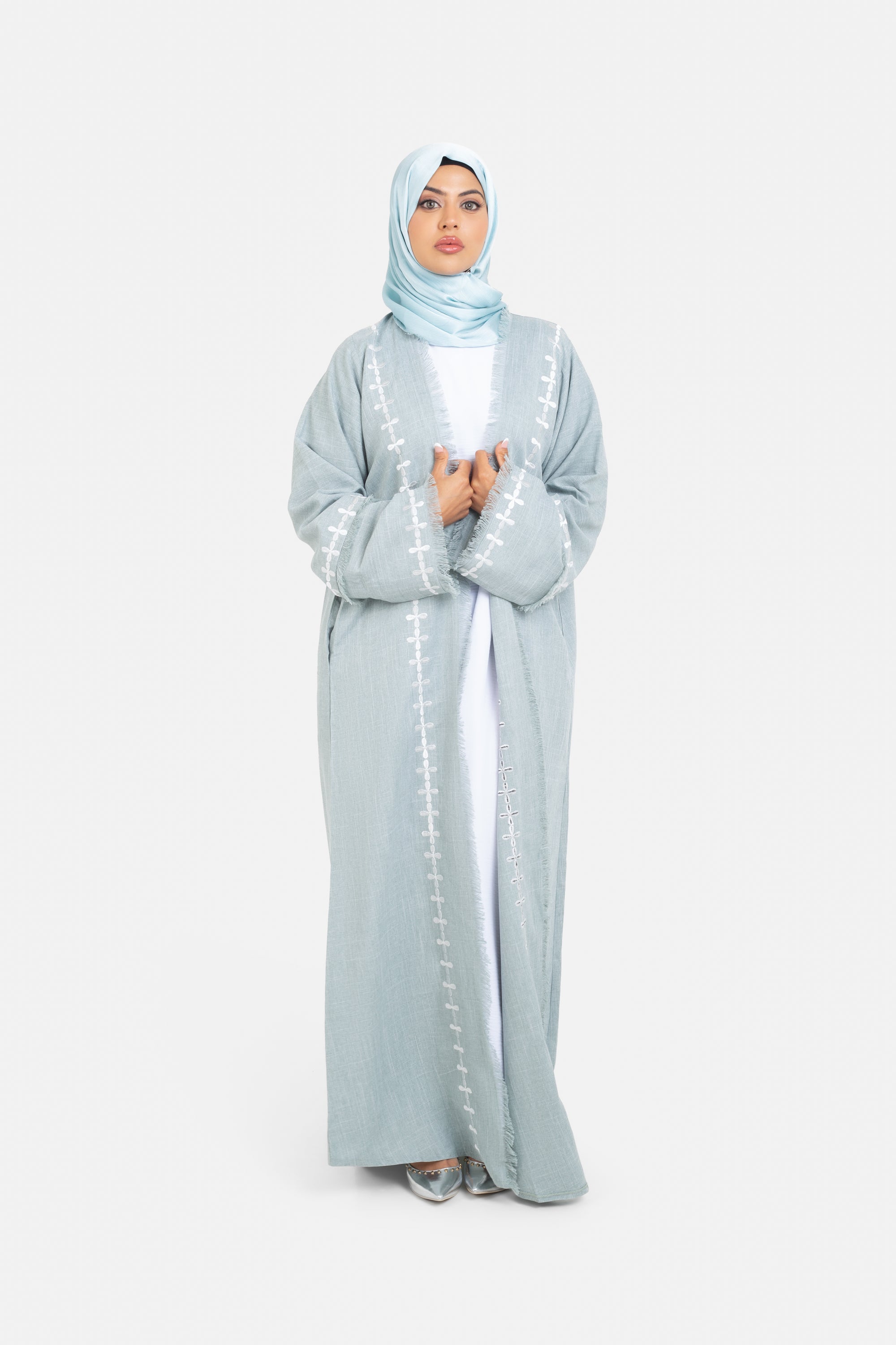 Sage green linen blend frayed sleeve open abaya front view