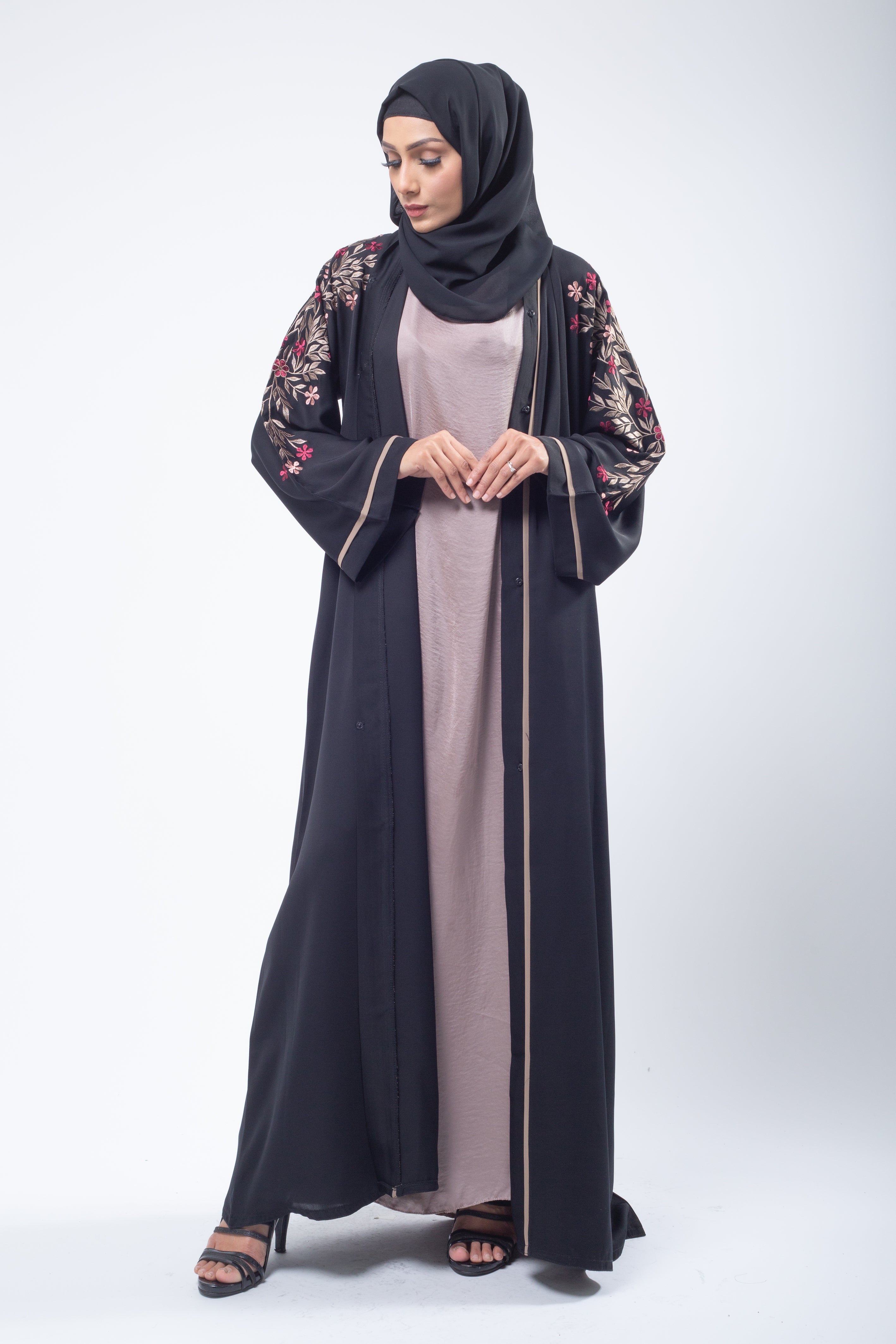 Blooming Floral Embroidery Black Open Abaya