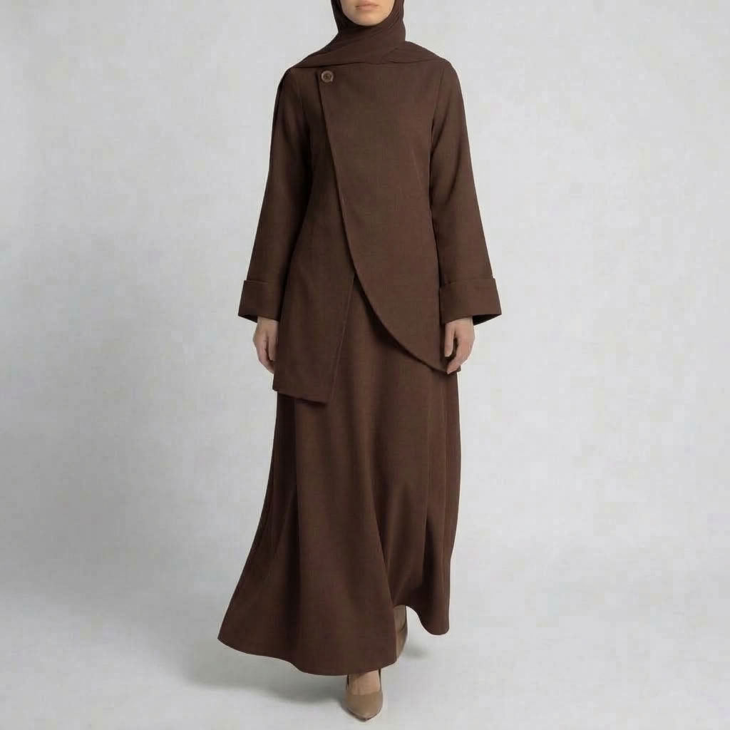 Asymmetric Modest Jacket &amp; Skirt Co-ord - Chocolate Brown