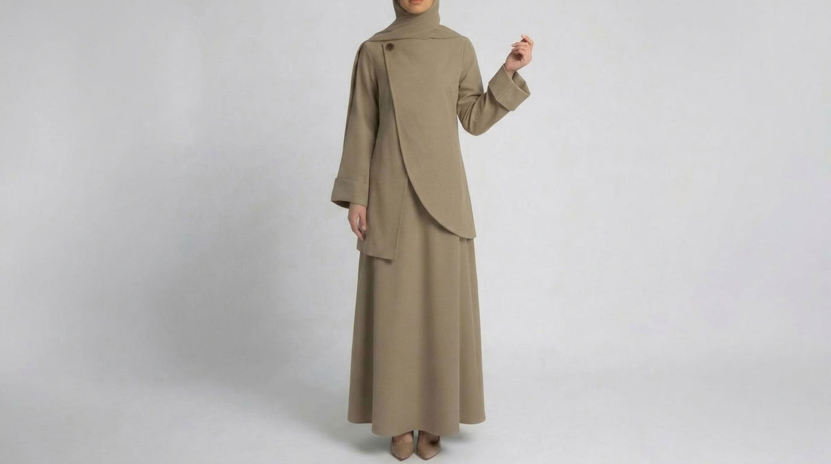 Asymmetric Modest Jacket &amp; Skirt Co-ord - Taupe