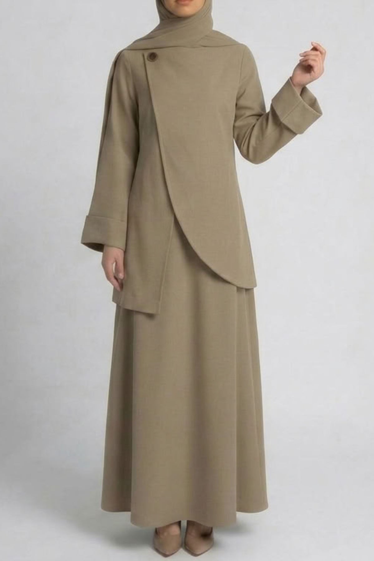 Asymmetric Modest Jacket &amp; Skirt Co-ord - Taupe