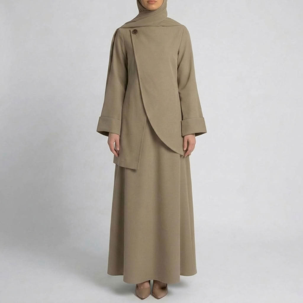 Asymmetric Modest Jacket &amp; Skirt Co-ord - Taupe