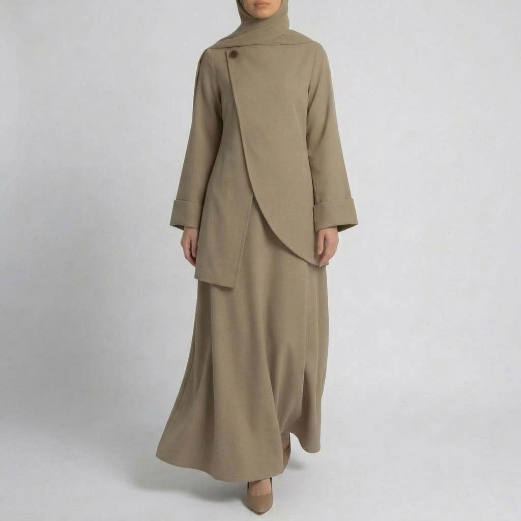 Asymmetric Modest Jacket &amp; Skirt Co-ord - Taupe