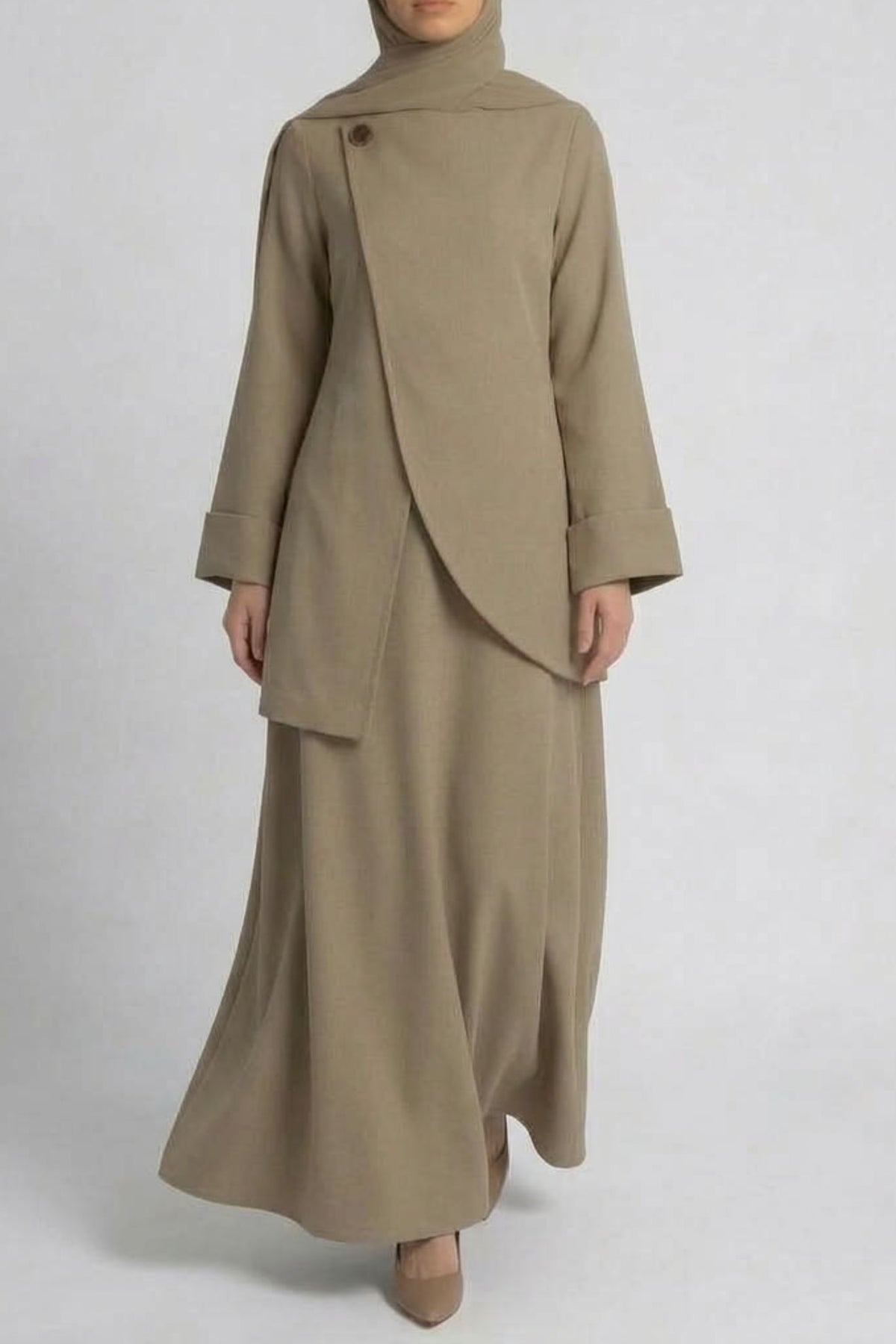 Asymmetric Modest Jacket &amp; Skirt Co-ord - Taupe