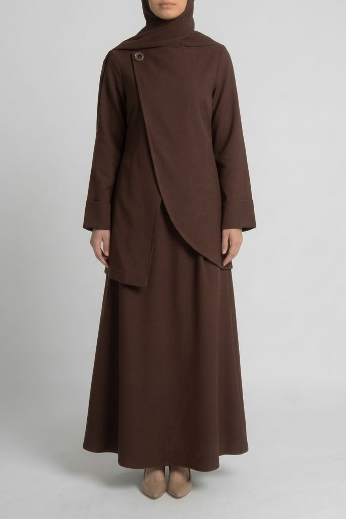 Asymmetric Modest Jacket &amp; Skirt Co-ord - Chocolate Brown