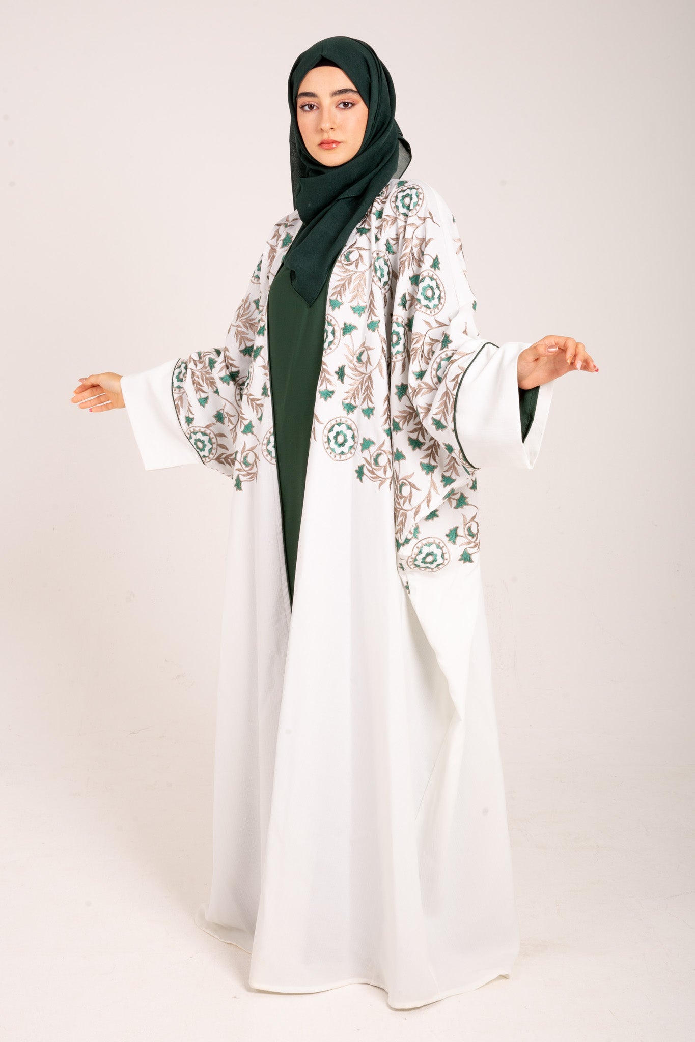 White Linen Blend Embroidered Abaya