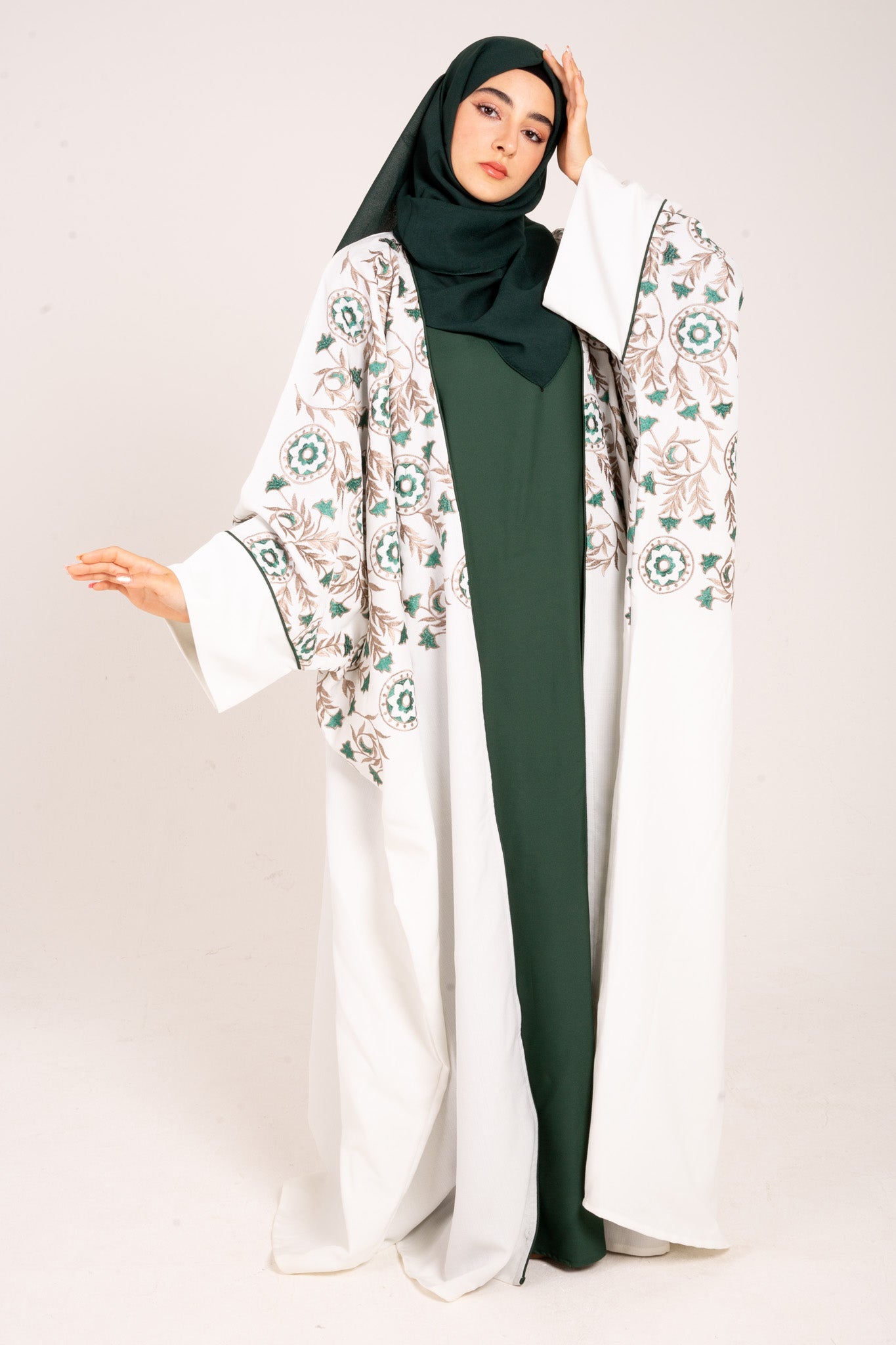 White Linen Blend Embroidered Abaya
