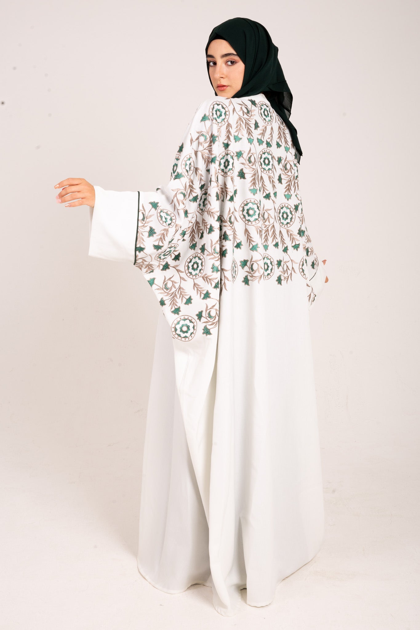 White Linen Blend Embroidered Abaya