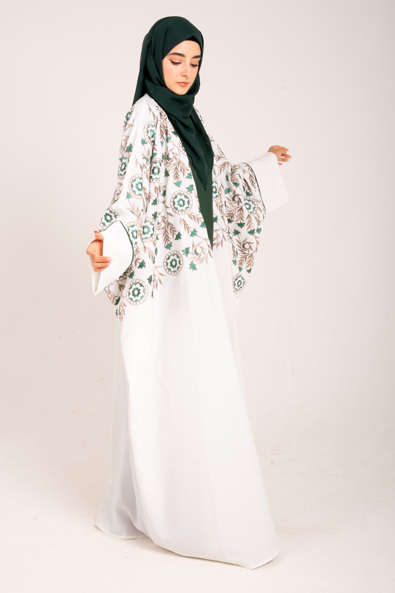 White Linen Blend Embroidered Abaya