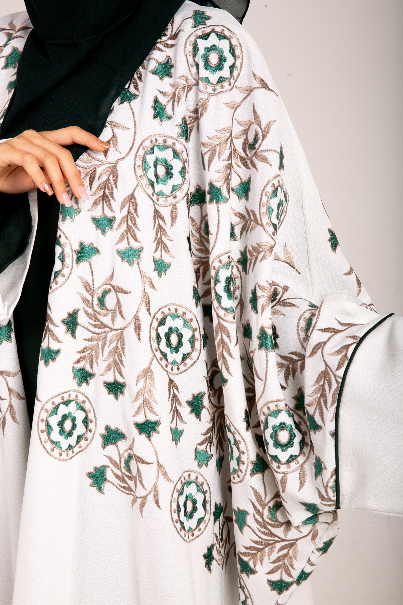 White Linen Blend Embroidered Abaya