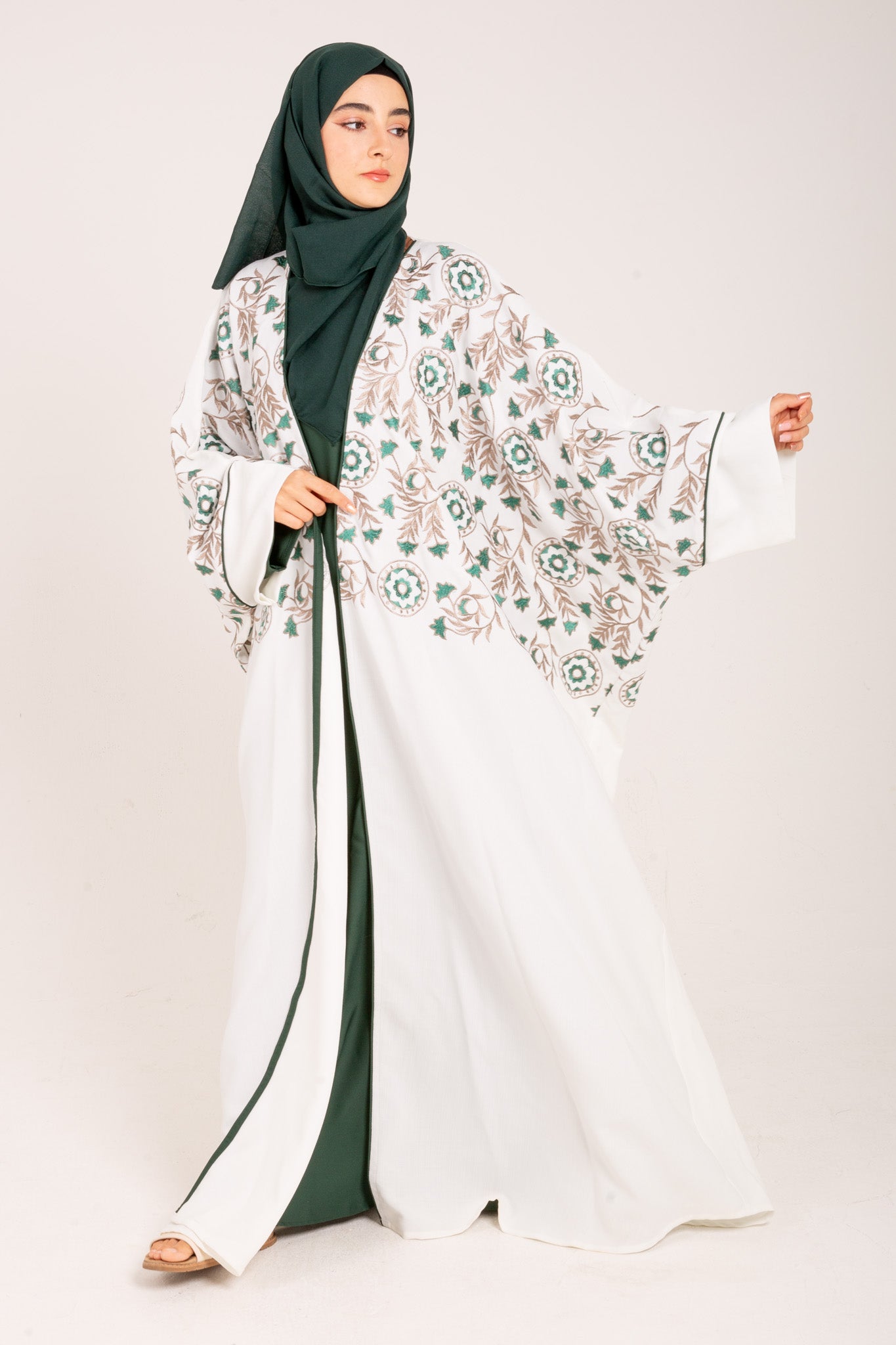 White Linen Blend Embroidered Abaya