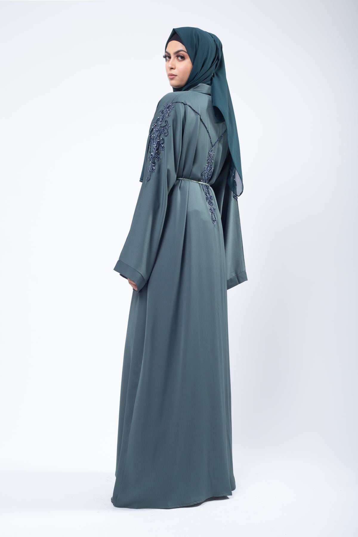 Premium Pine Green Hand Embellished Open Abaya