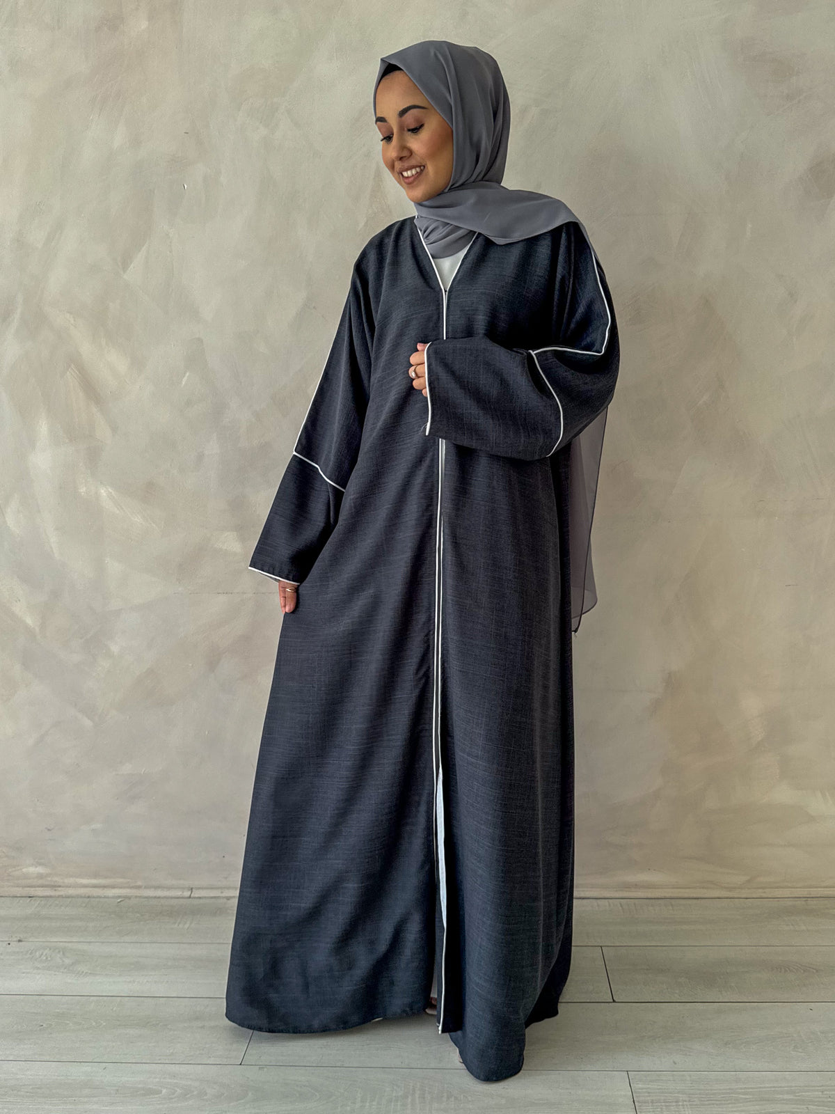 Charcoal Grey Linen Abaya with White Piping Detail