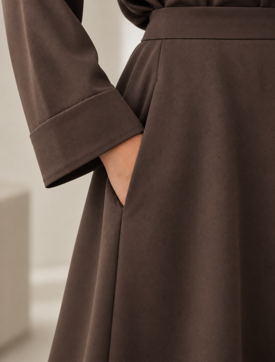 Asymmetric Modest Jacket &amp; Skirt Co-ord - Chocolate Brown