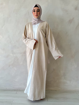 Nude Linen Blend Embellished Abaya