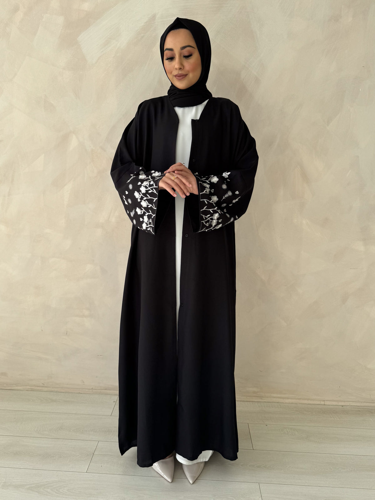 Black Linen Blend Open Abaya with Embroidered Cuffs