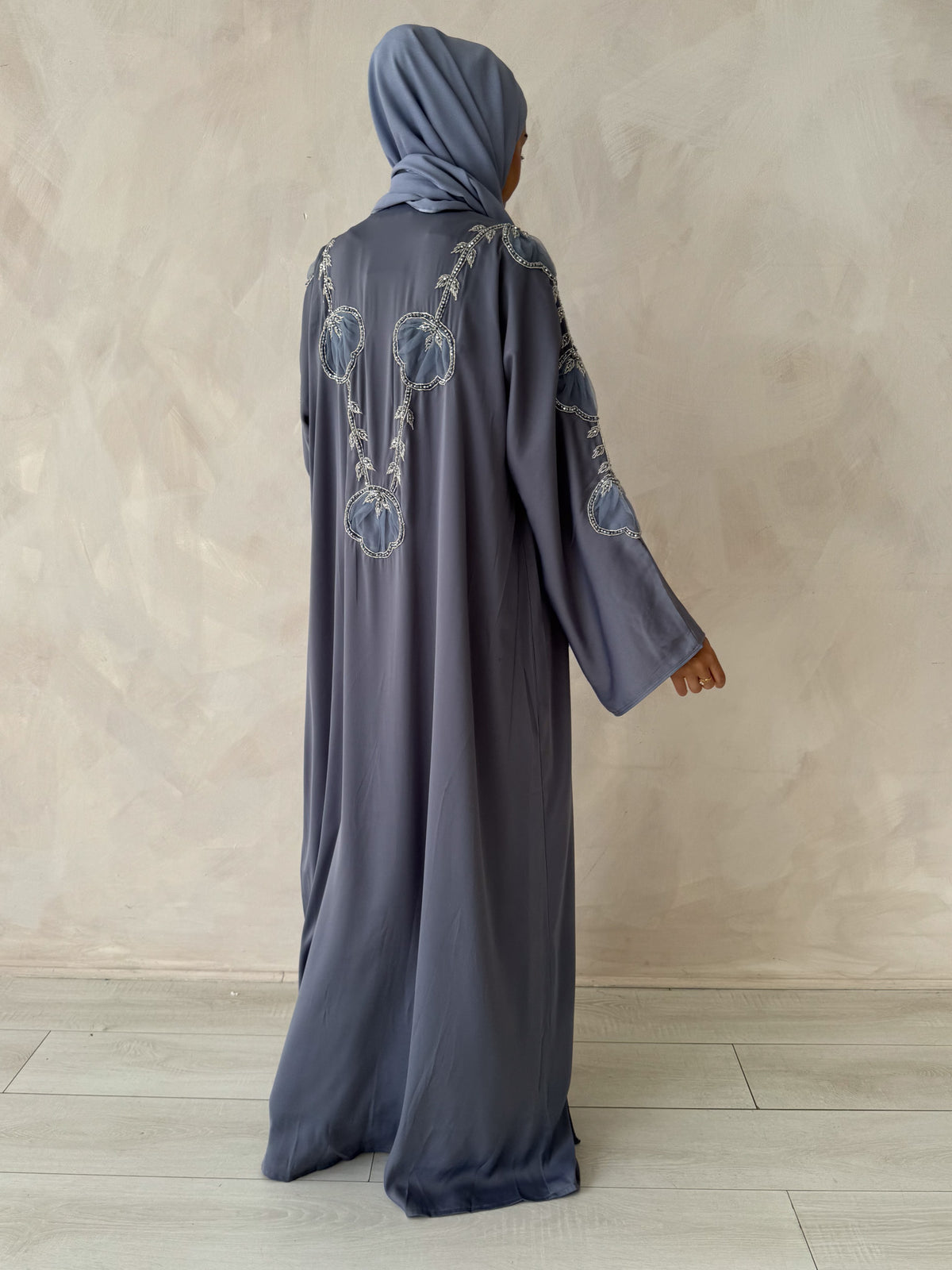 Smoky Blue Embellished Open Abaya