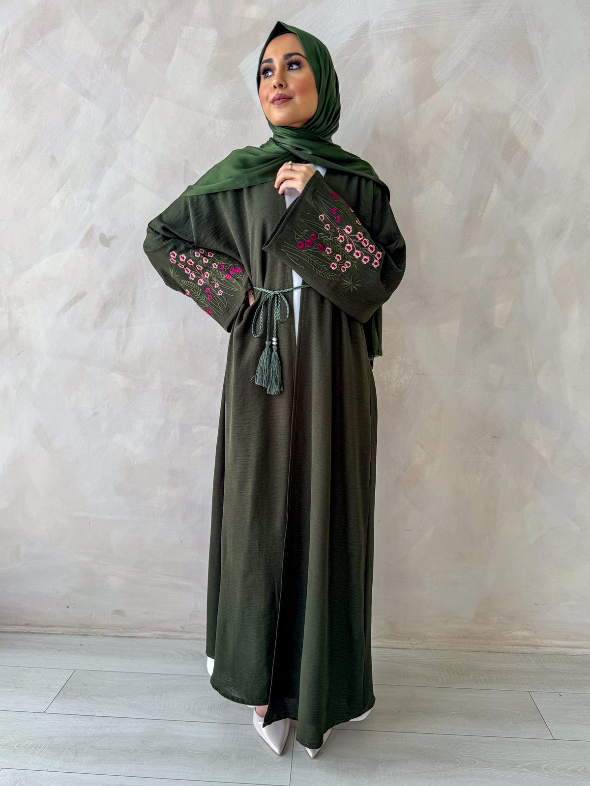 Forest Green Blossom Four Piece Floral Cuffed Abaya