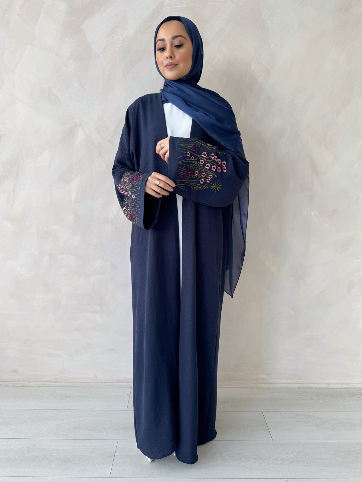 Navy Blossom Four Piece Floral Cuffed Abaya