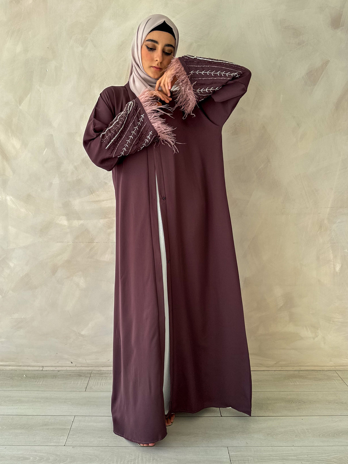 Feathered Sleeve Open Abaya