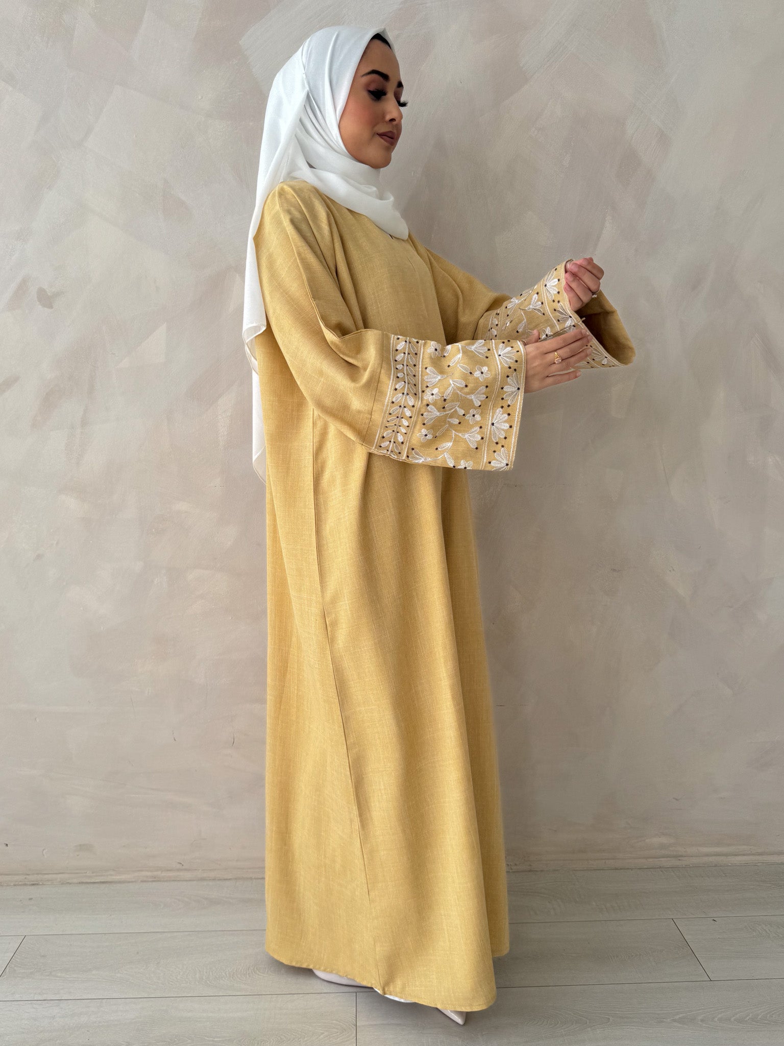 Saffa Linen Blend Embroidered Cuffs Abaya