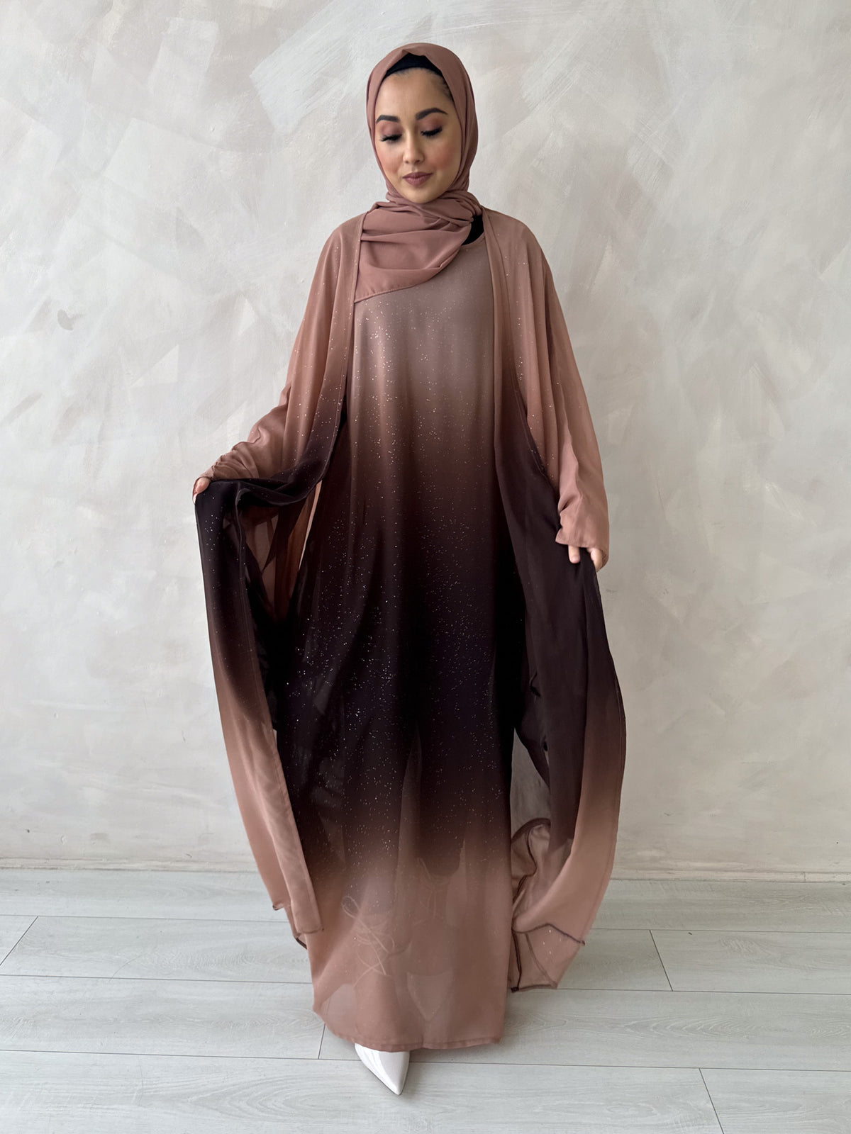 Brown Ombre Glitter Chiffon Open Farasha