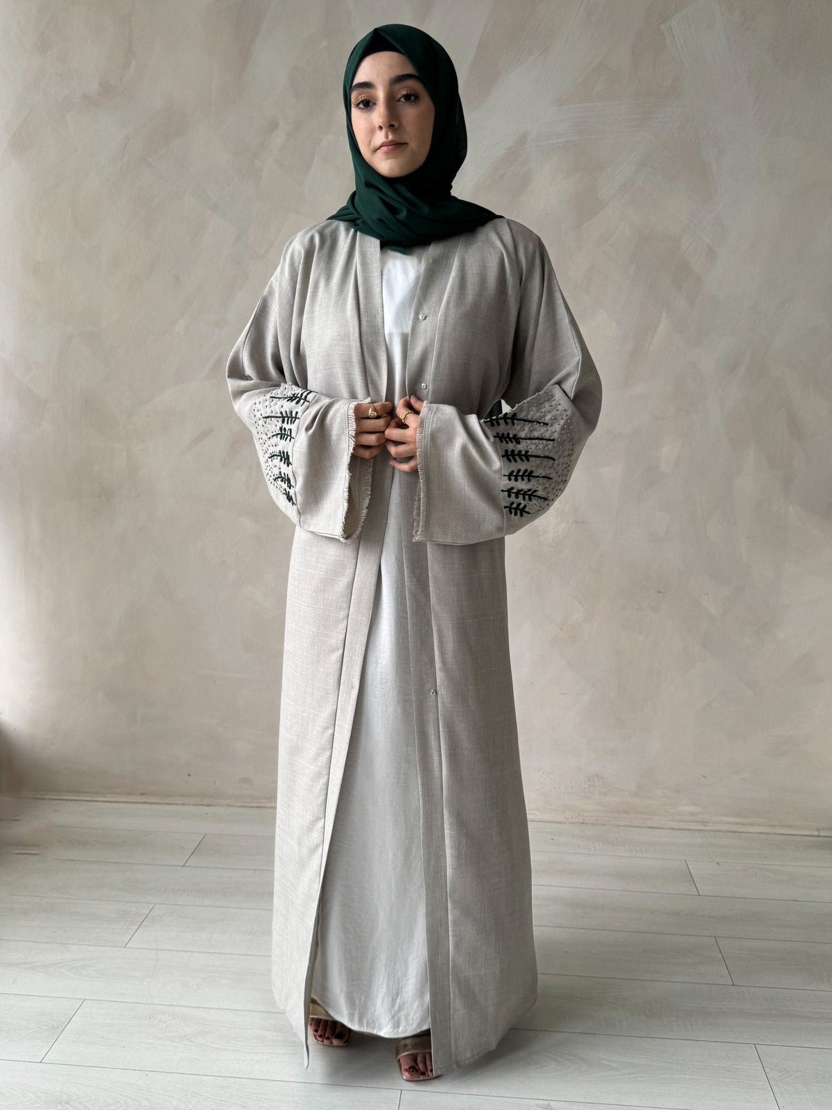 Light Grey Linen Blend Open Abaya