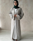 Light Grey Linen Blend Open Abaya