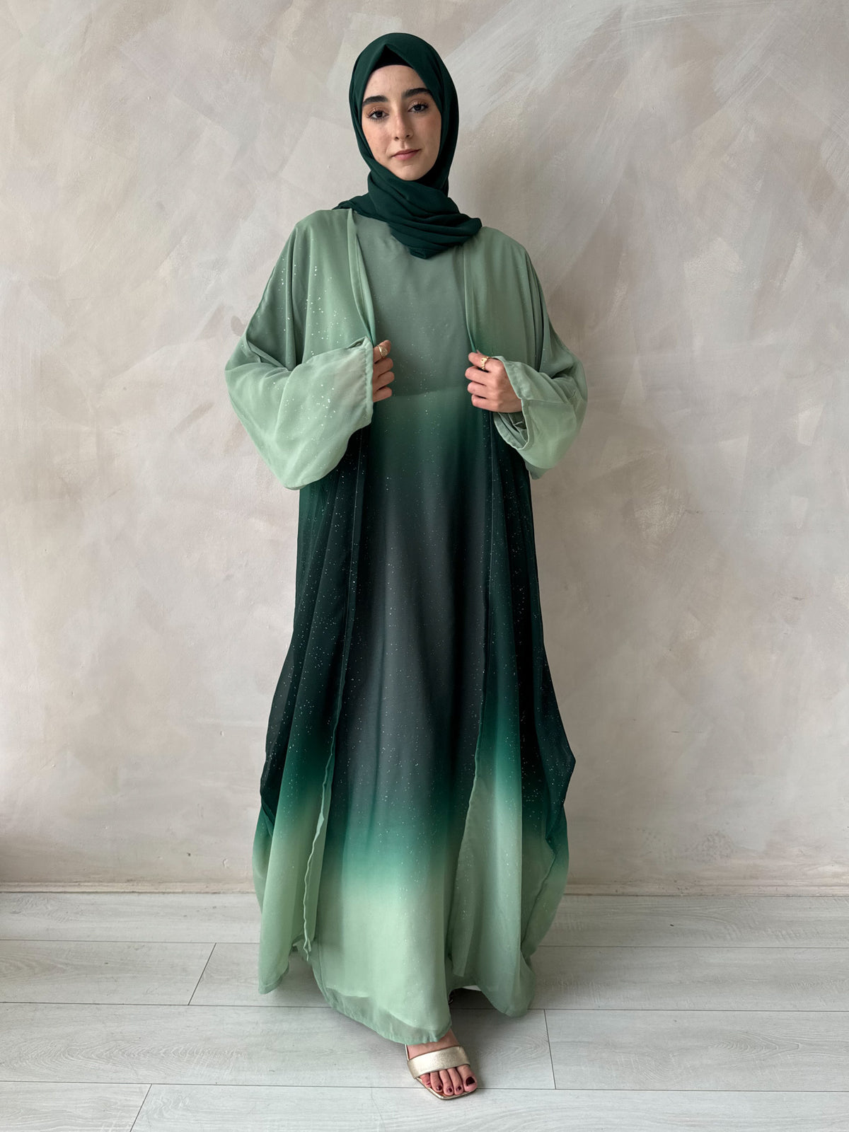 Green Ombre Glitter Chiffon Open Abaya