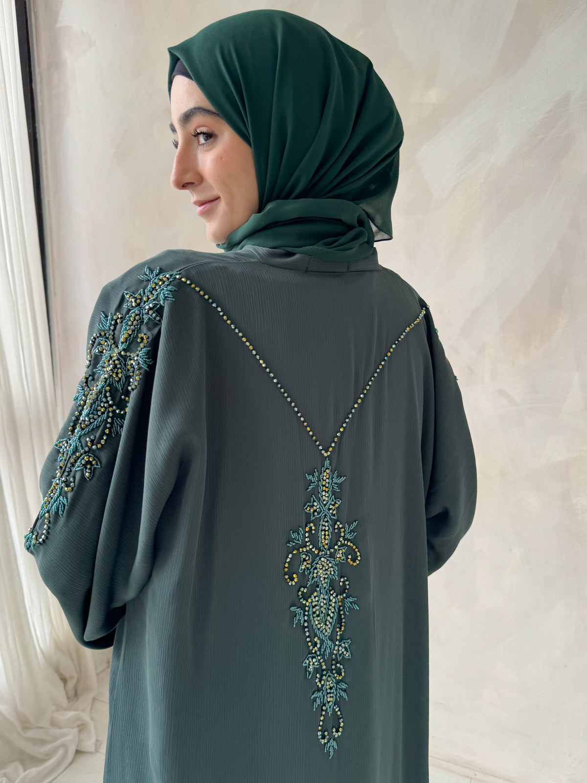 Premium Pine Green Hand Embellished Open Abaya With Green Back