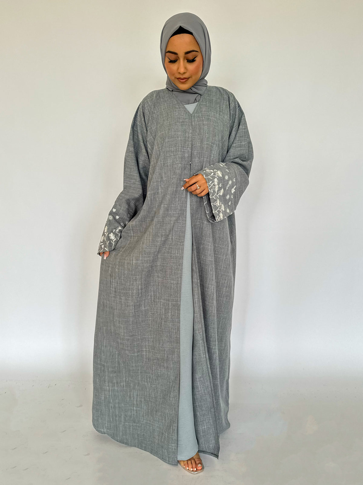 Grey Linen Blend Open Abaya with Embroidered Cuffs