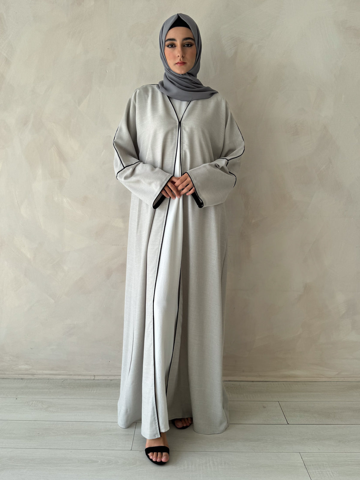 Light Grey Linen Abaya with Black Piping Detail