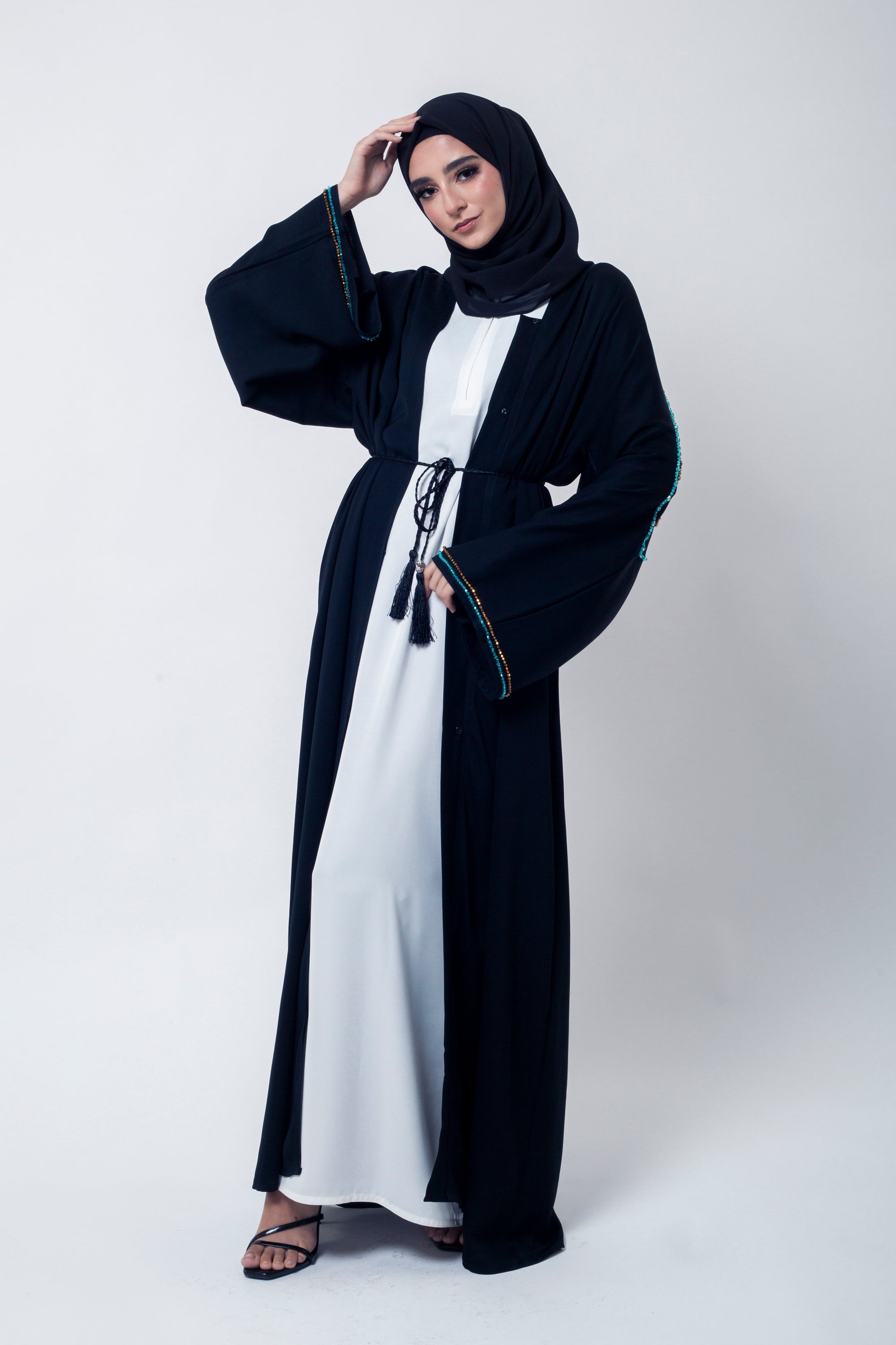 Luxury Black Shoulder Embellishment Open Abaya