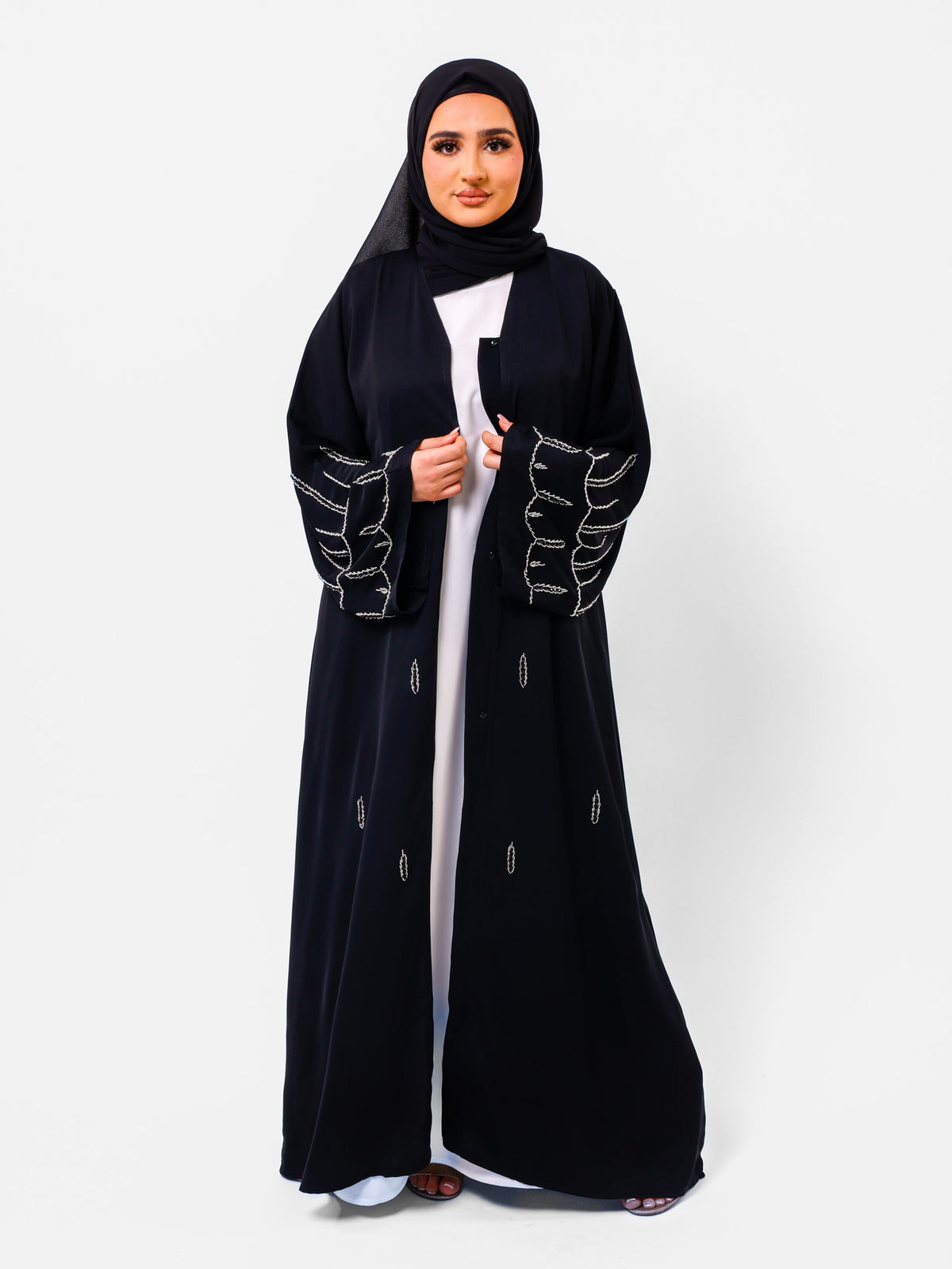 Silver Embellished Black Open Abaya